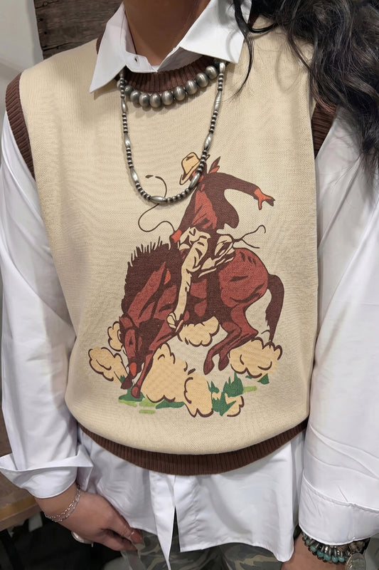 Khaki Western Print Colorblock Trim Sleeveless Knitwear Vest