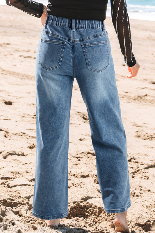 Stone Blue Star Patchwork Cropped Wide Leg High Waist Jeans