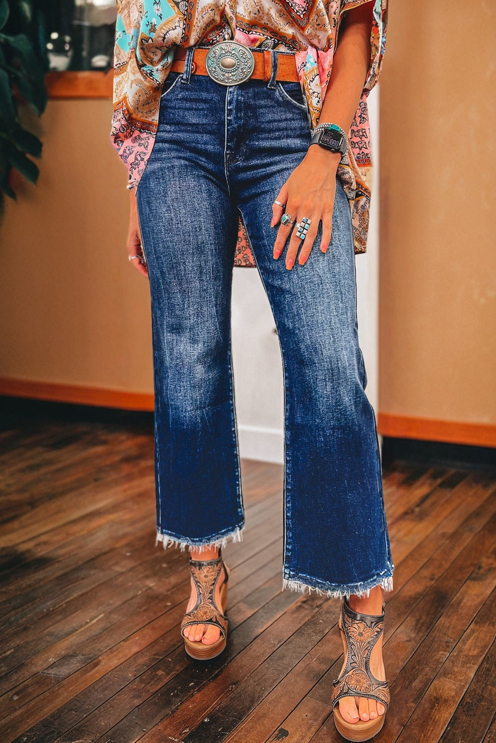 Sail Blue Mineral Wash Raw Hem High Waist Flared Jeans