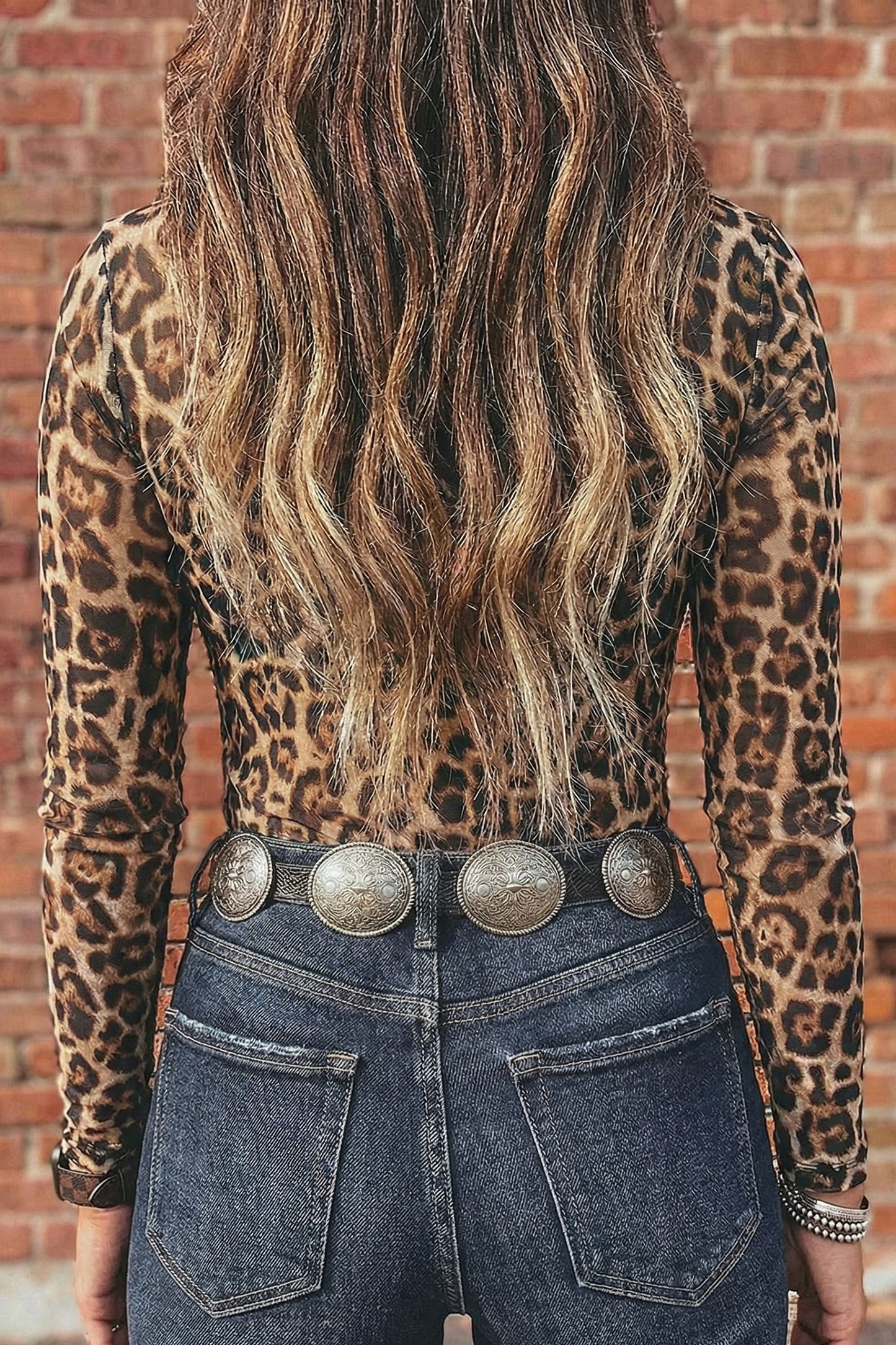 Camel Leopard Print Slim Fit Mesh Long Sleeve Mock Neck Top