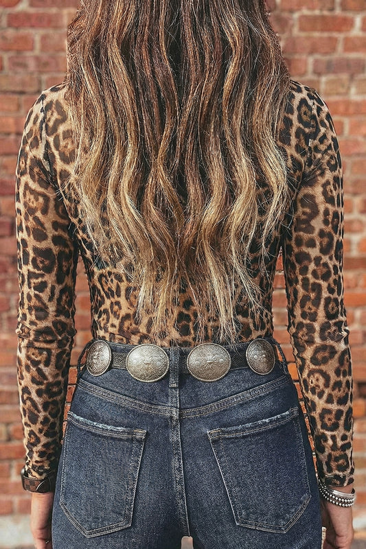Camel Leopard Print Slim Fit Mesh Long Sleeve Mock Neck Top