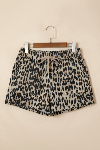 Brown Retro Leopard Print Lace-up Elastic Waistband Mid Rise Denim Shorts