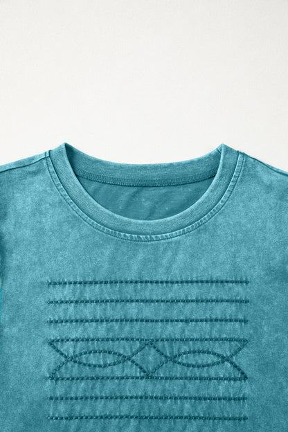 Turquoise Mineral Wash Western Embroidered Detail Short Puff Sleeve Cotton Tee
