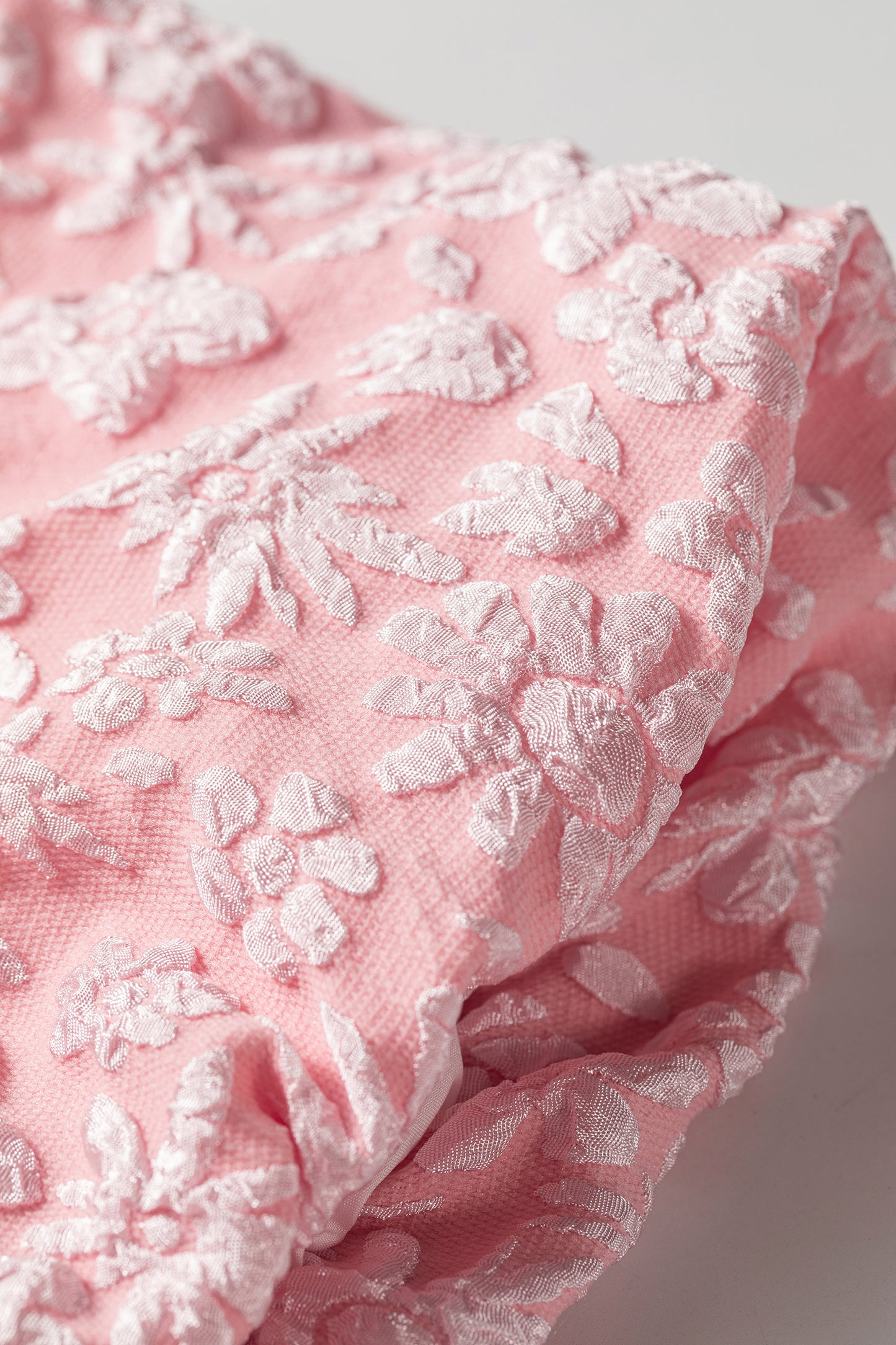 Apricot Pink Floral Textured Jacquard Puff Sleeve Blouse