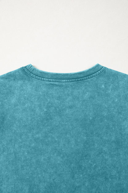 Turquoise Mineral Wash Western Embroidered Detail Short Puff Sleeve Cotton Tee