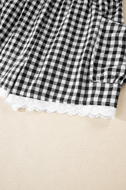 Black Gingham Lace Trim Shorts with Pouch Pockets
