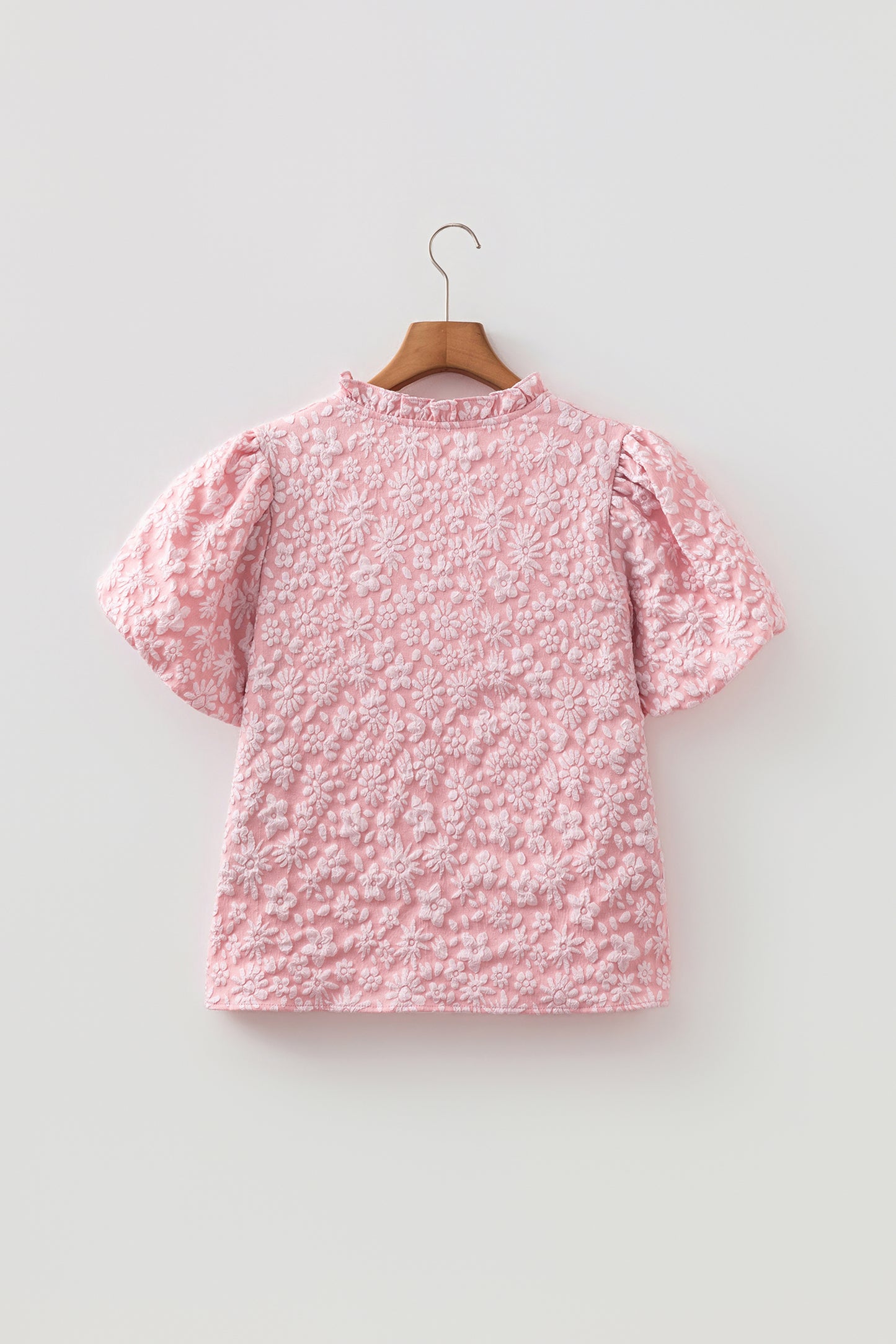 Apricot Pink Floral Textured Jacquard Puff Sleeve Blouse