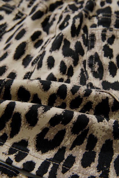Brown Retro Leopard Print Lace-up Elastic Waistband Mid Rise Denim Shorts