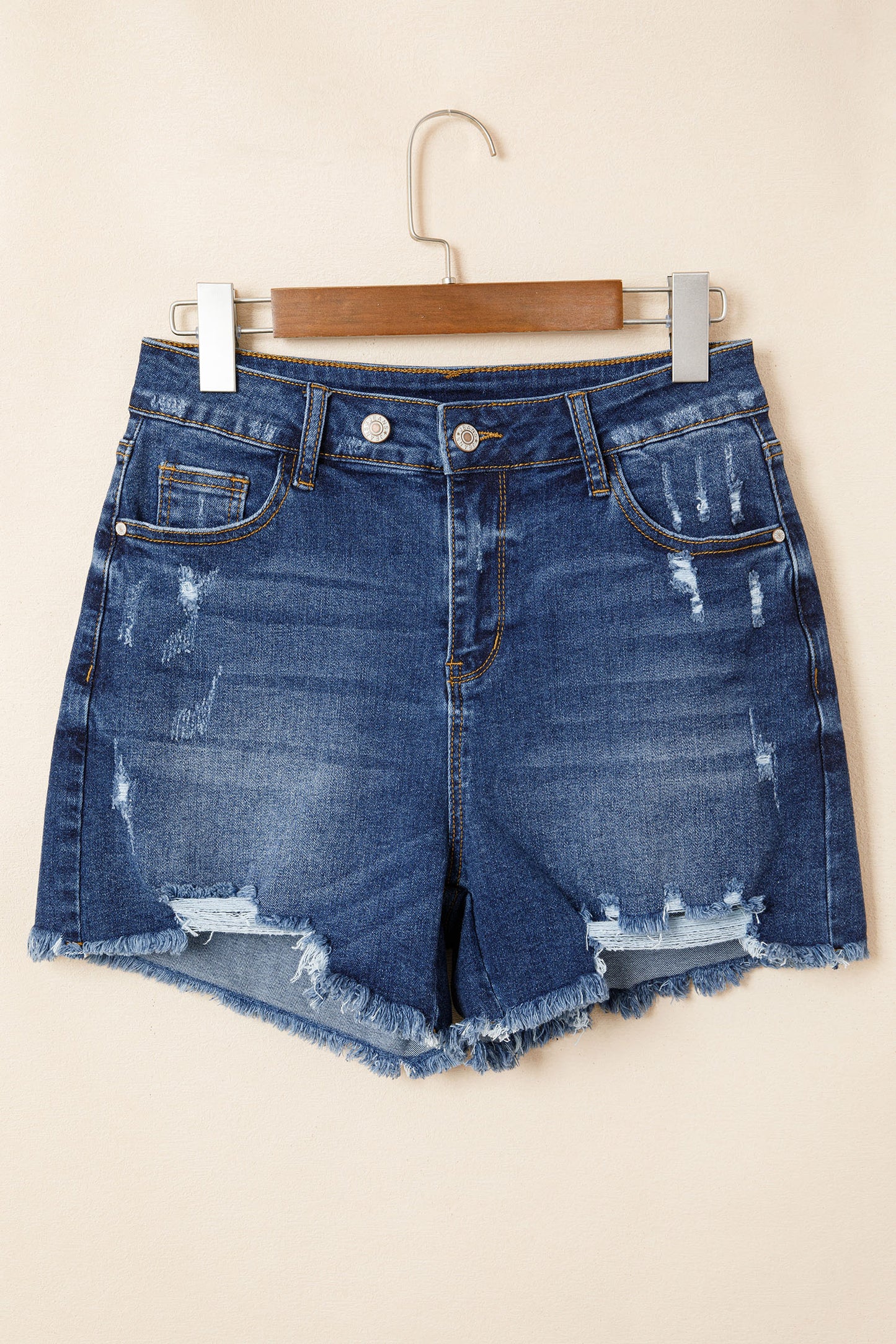 Sail Blue Asymmetric Raw Hem Distressed Whiskery Denim Shorts