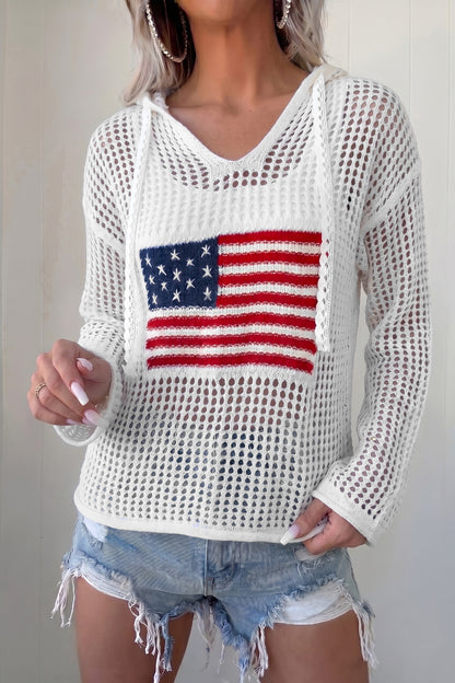 White Hollow Out Crochet Knit American Flag Patched Sweater Hoodie