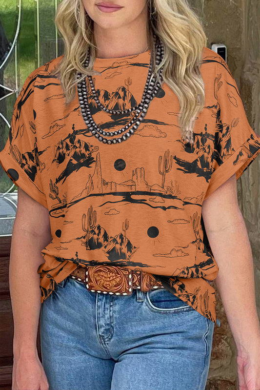 Chestnut Desert Sand Print Short Sleeve Knit Top
