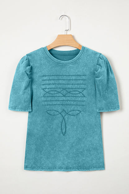 Turquoise Mineral Wash Western Embroidered Detail Short Puff Sleeve Cotton Tee
