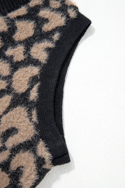 Black Leopard Print Knit Sleeveless Regular Wash Sweater Vest