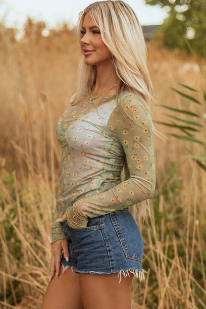 Sky Blue Vintage Floral Print Southern Style Mesh Long Sleeve Top