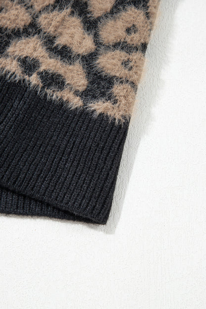 Black Leopard Print Knit Sleeveless Regular Wash Sweater Vest