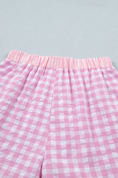 Pink Gingham Print Ruffle Striped Detail Lace Tie Shorts