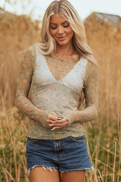 Sky Blue Vintage Floral Print Southern Style Mesh Long Sleeve Top
