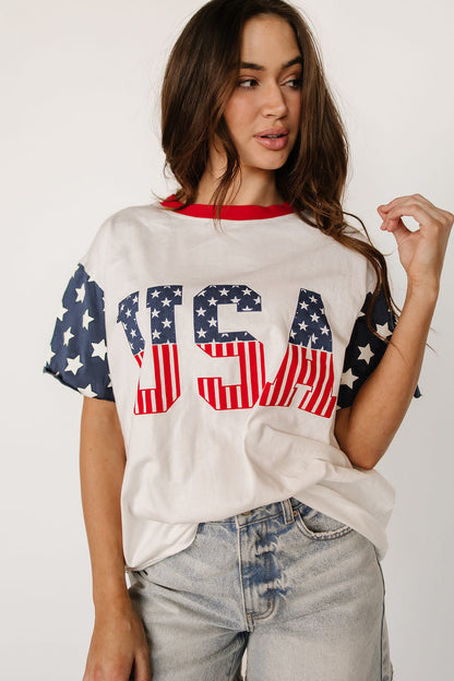 Jet Stream Flag Print USA Graphic Patchwork Casual Tee