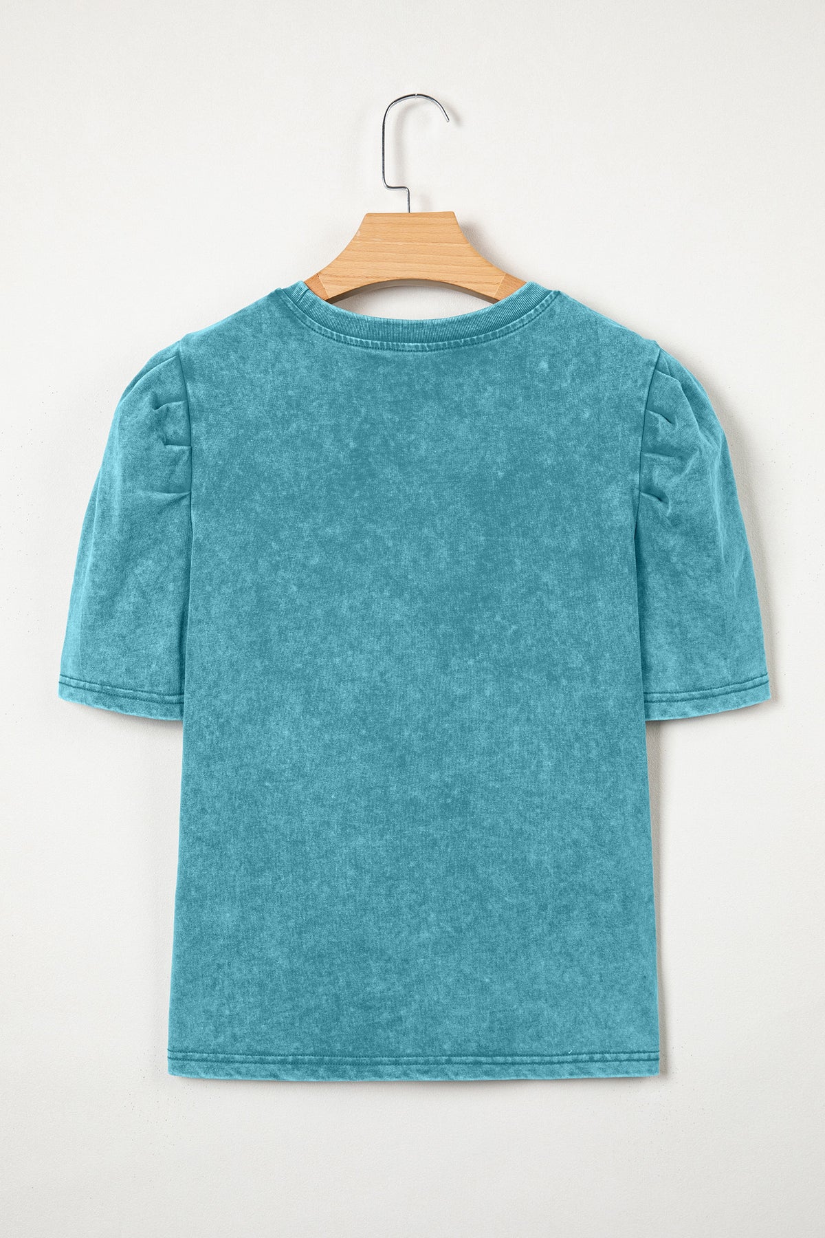 Turquoise Mineral Wash Western Embroidered Detail Short Puff Sleeve Cotton Tee
