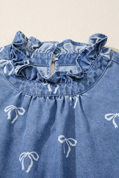 Blue Frilled Collar Flutter Sleeve Denim Top