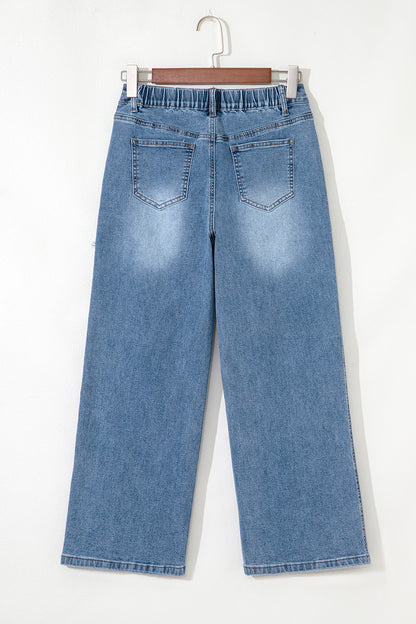 Stone Blue Star Patchwork Cropped Wide Leg High Waist Jeans