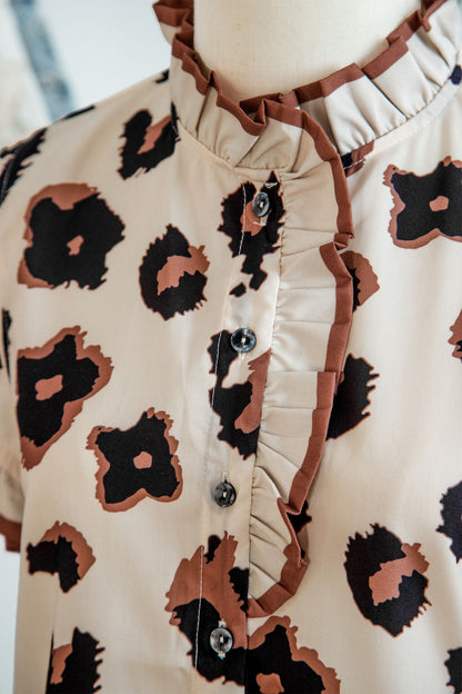 Khaki Leopard Printed Ruffle Sleeve Summer Blouse