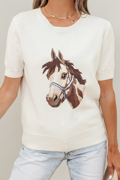 White Wild West Horse Head Printed Short Sleeve Sweater