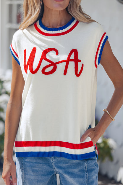 White USA Contrast Striped Trim Round Neck Short Sleeve Sweater