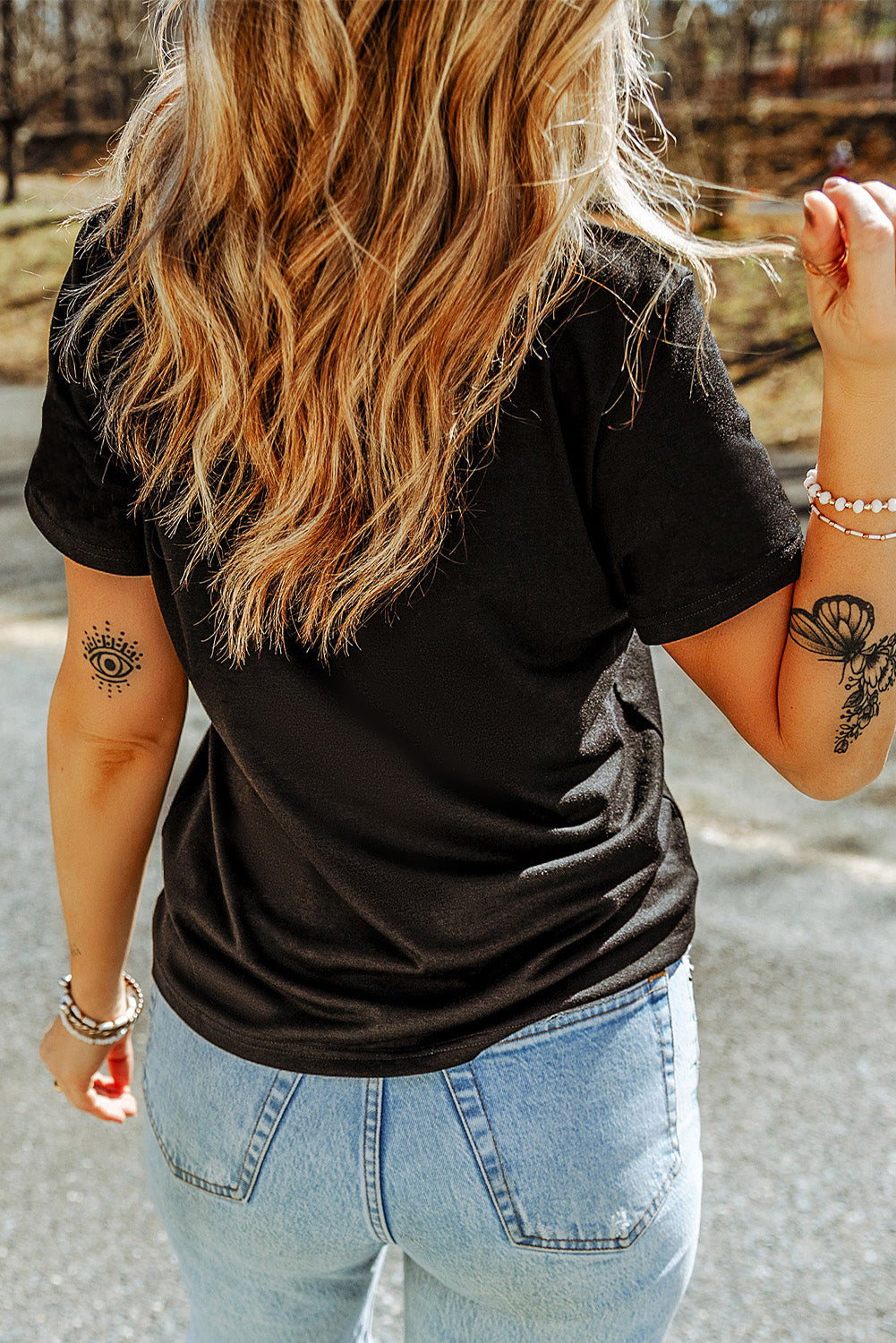 Black Rhinestone Western Pattern Cotton Blend Graphic T Shirt