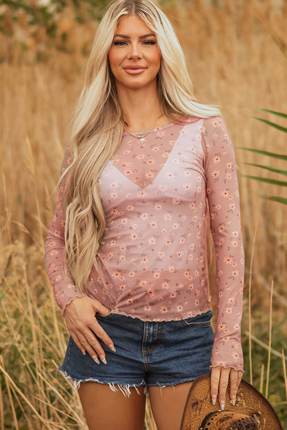 Sky Blue Vintage Floral Print Southern Style Mesh Long Sleeve Top