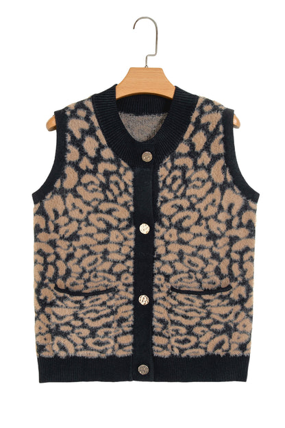 Black Leopard Print Knit Sleeveless Regular Wash Sweater Vest